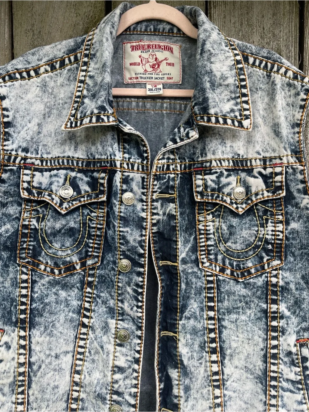 True Religion Acid Wash Denim Trucker Vest Sleeveless Jean Jacket Big Tall 3XL